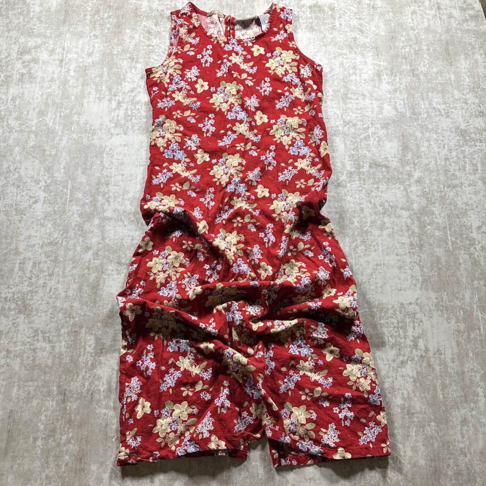 Vintage Cottagecore Maxi Dress Women 6P Red Floral Linen Blend Sleeveless Slit